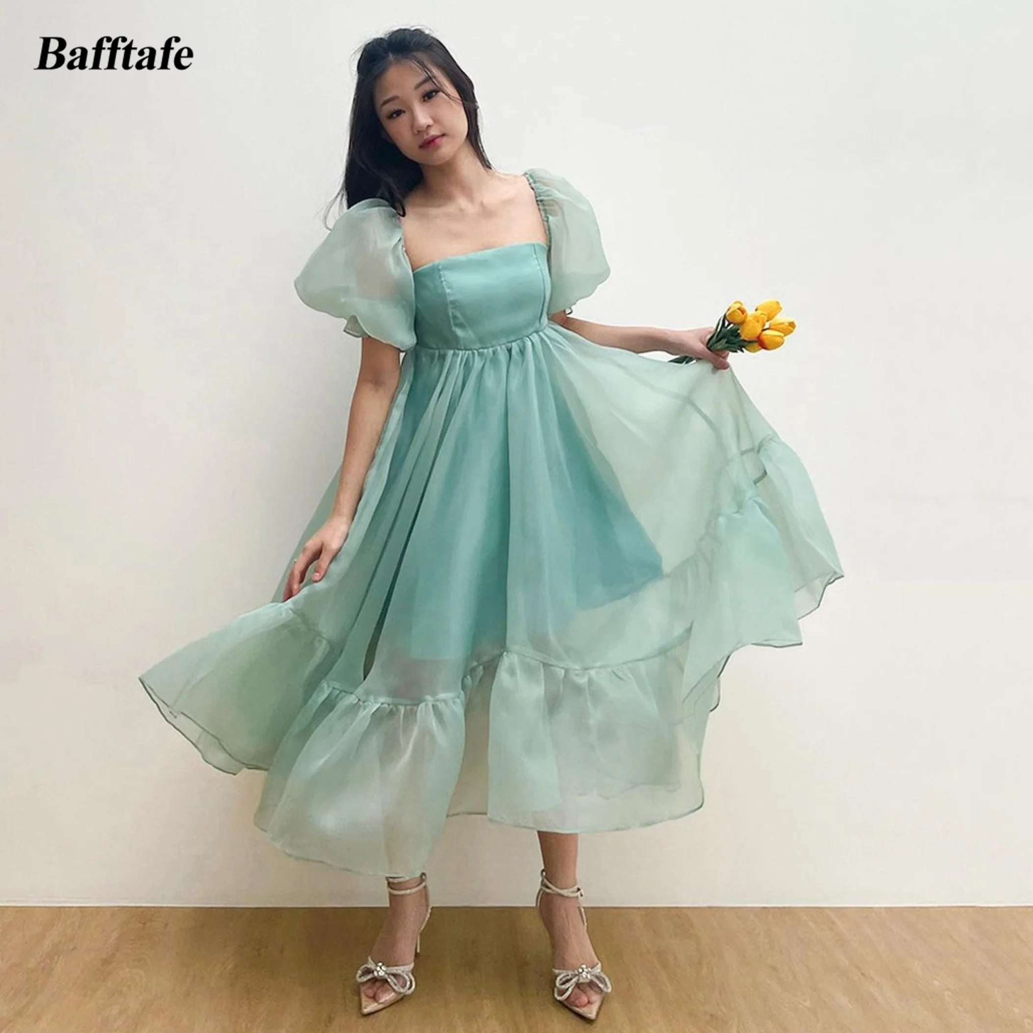 

Bafftafe Mint Organza Ankle Length Midi Prom Dresses Short Sleeves Customized Formal Party Dress Pleat Special Evening Gowns