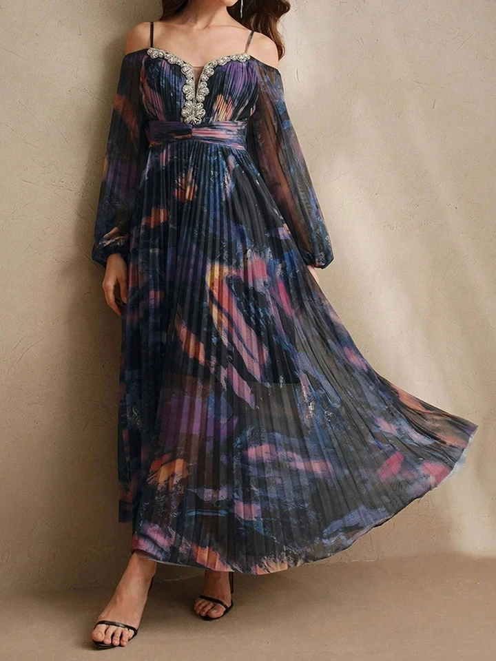 

Elegant Off Shoulder Long Sleeve Pleated Dress Temperament Lady High Waist Dress Vintage Rhinestone Floral Printed Evening Dress