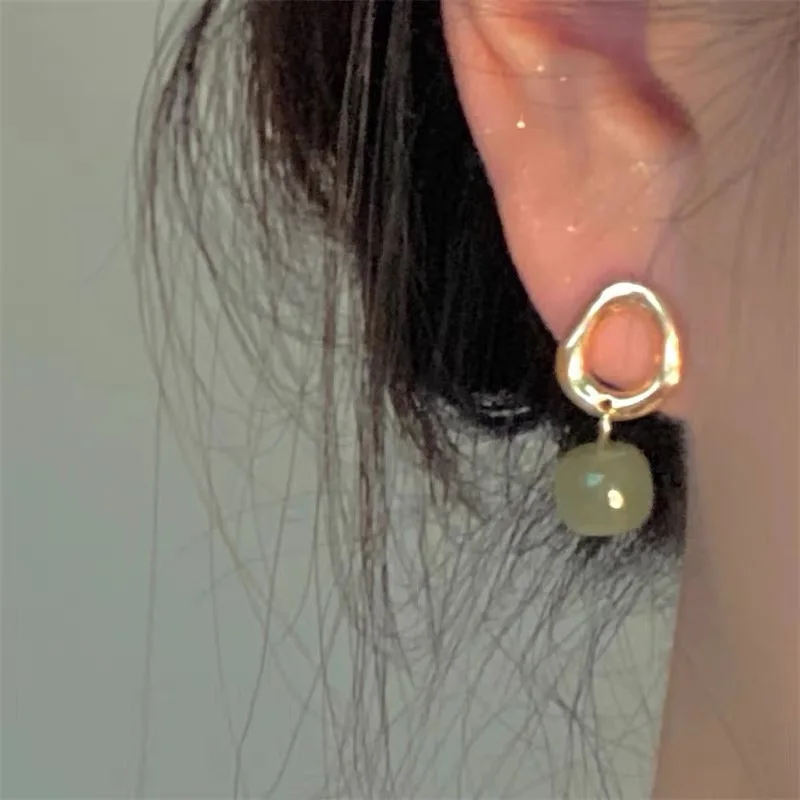 S925 Sterling Silver Retro Cold Feeling Chiang-Nan Misty Rain Stud Women's New Natural Hetian Jade Earrings Ear