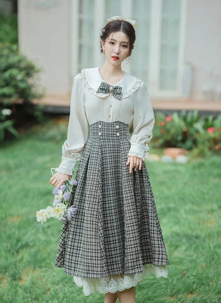 Kawaii Preppy Style Bow 2PCS Blouse Skirt Set Cute Peter-Pan Collar Solid Women Blouse High Waist Lace Plaid A-line Maxi Faldas