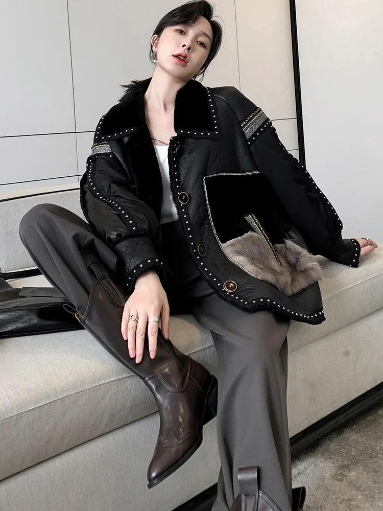 Popular Women Loose Black Fur New Fur One-piece Coat Mink Fur Lamb Otter Rabbit  Coat