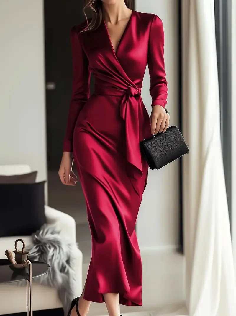 

Women's Solid Color Satin Wrap Midi Dress Long Sleeve V-Neck Tie Waist Bodycon Gown Elegant Formal Dress Evening Event & Dating