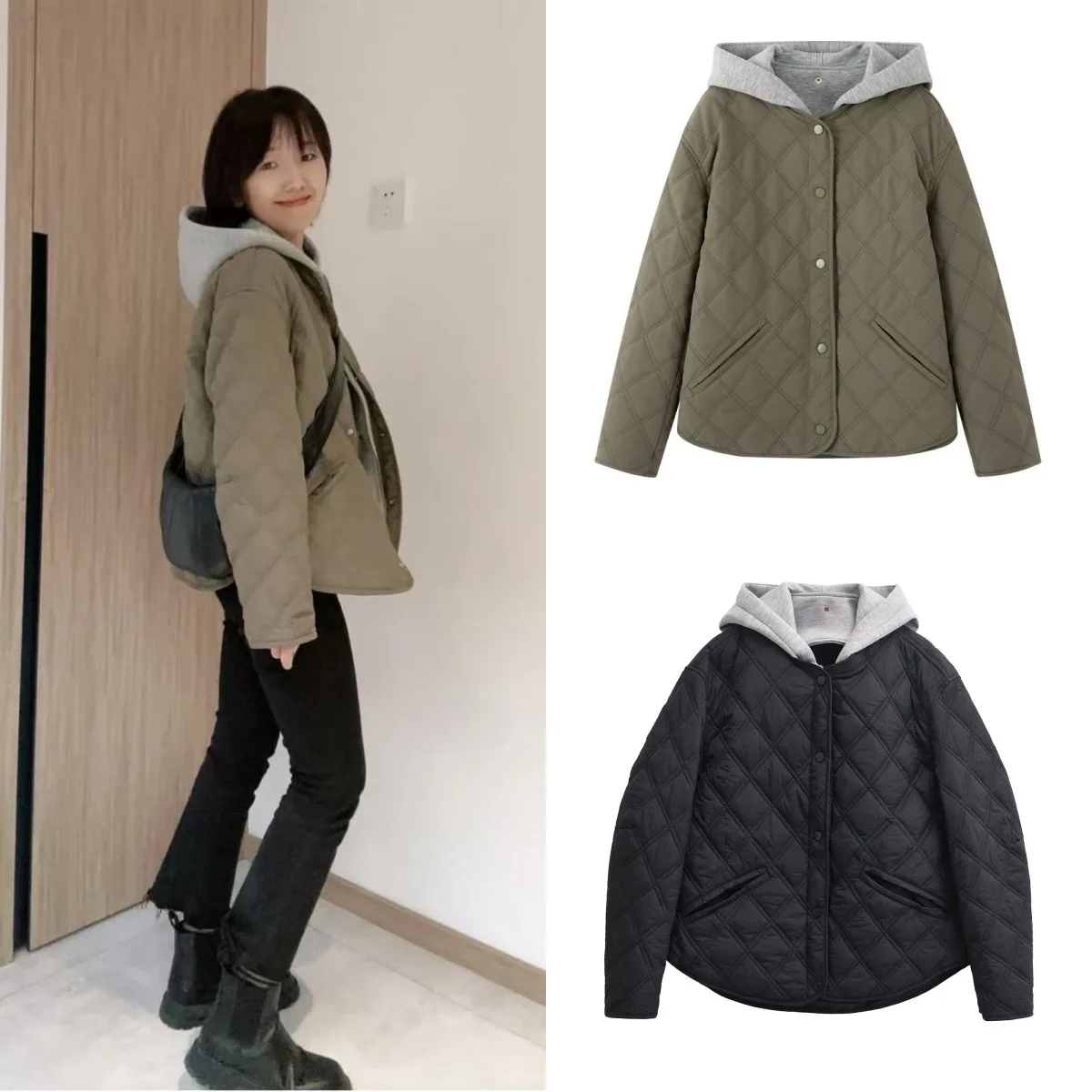 

ETJ 2025 TRAF Fall New Loose diamond quilted detail detachable cap collar lightweight cotton-padded casual jacket