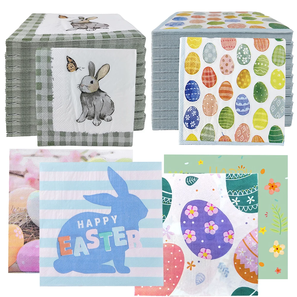 20/40/80pcs Easter Paper Napkins Colorful Easter Egg Bunny Napkins for Spring Easter Party Supplies Table Decorations