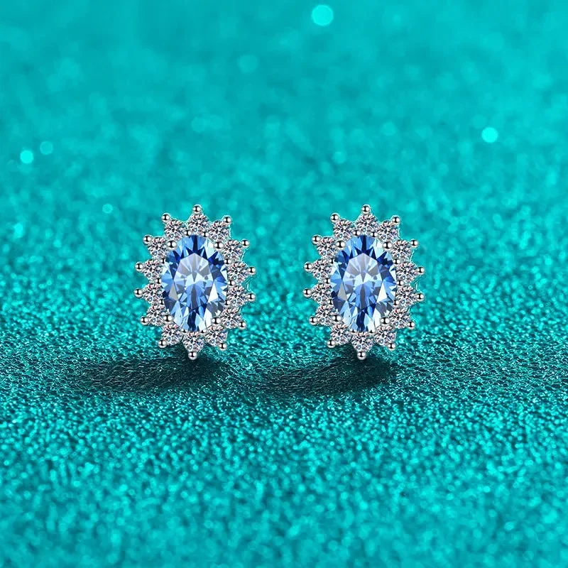 Platinum Pt950 White Gold 18K Stud Earrings for Women Valentine's Day 0.5ct of Sapphire Blue Moissanite Diamond Fine Jewelry