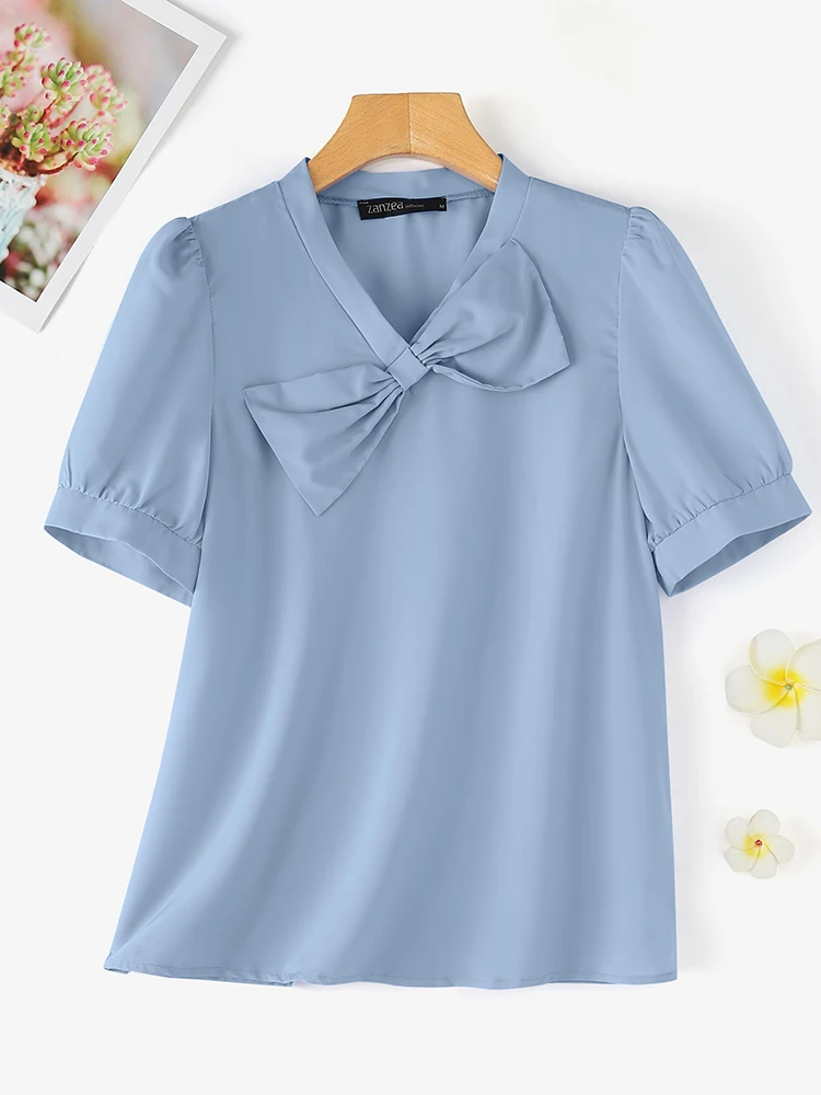 Zanzea lässig Bogen Detail Blusen einfarbig koreanische Mode Frauen Sommer hemden Tops V-Ausschnitt elegante Kurzarm Blusas Mujer