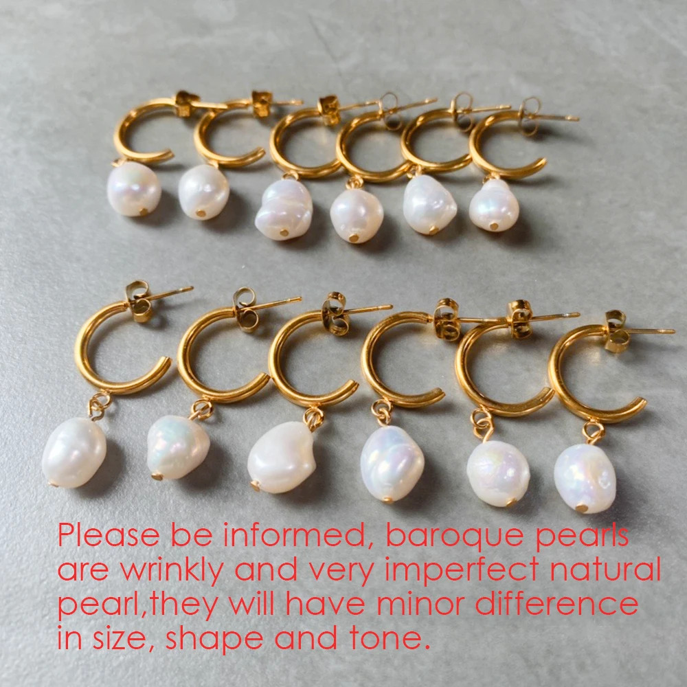 EManco Fashion Natural Freshwater Pearl Pendant Earrings Large Hoop Stainless Steel Gold Color Earrings Gifts for Women