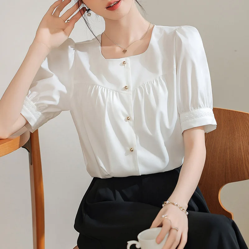 Women Clothing French Elegant Solid Short Sleeve Shirts Summer Fashion Patchwork Folds White Blouses Office Lady Chic Sweet Tops