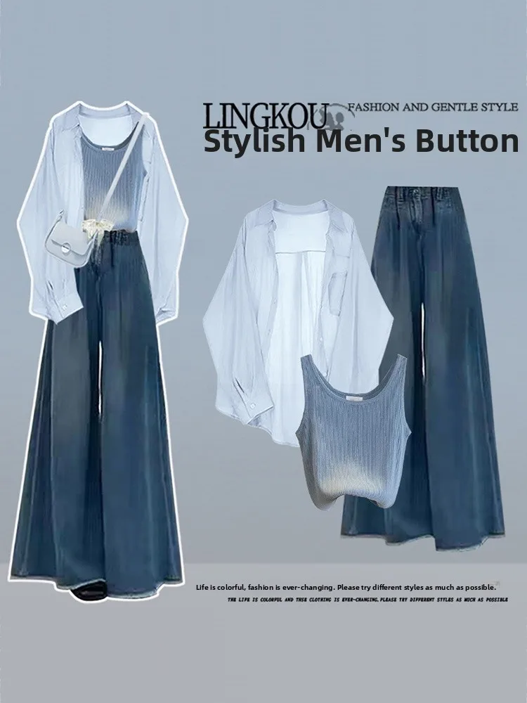 Summer Elegant Loose Women's Denim Set Beautiful Three-Piece Suit Slimming Long Sleeve  Neck Button-Up Casual Fashion