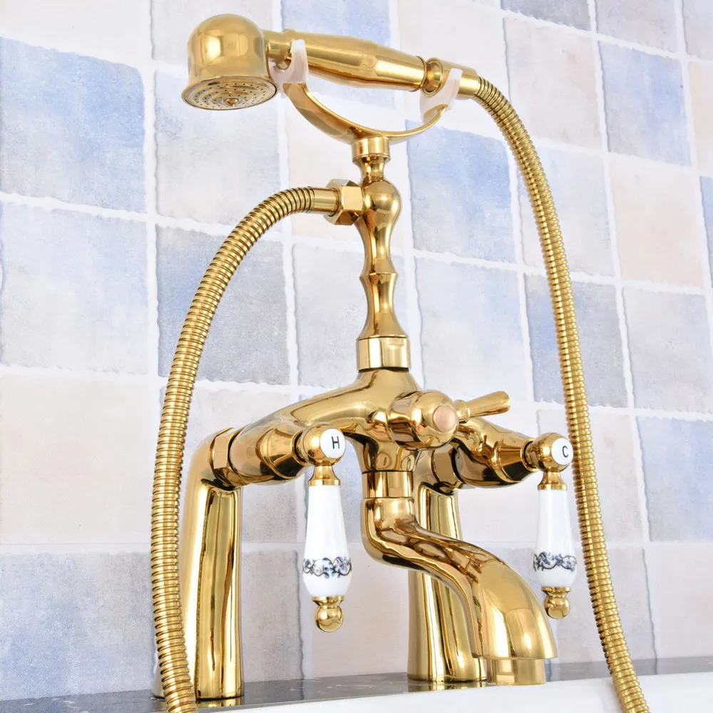 

Luxury Gold Color Brass Deck Mounted Bathroom Tub Faucet Set with 1.5M Handheld Shower Spray Head Bath Mixer Tap 2tf788