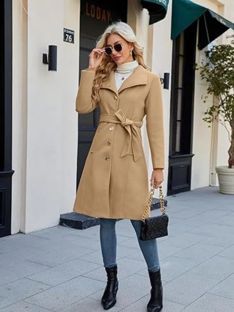 Women Camel Wool Blend Coat Turn Down Collar Single Breasted Long Sleeve Mid-Length Overcoat 2026Autumn Winter Elegant Solid Co