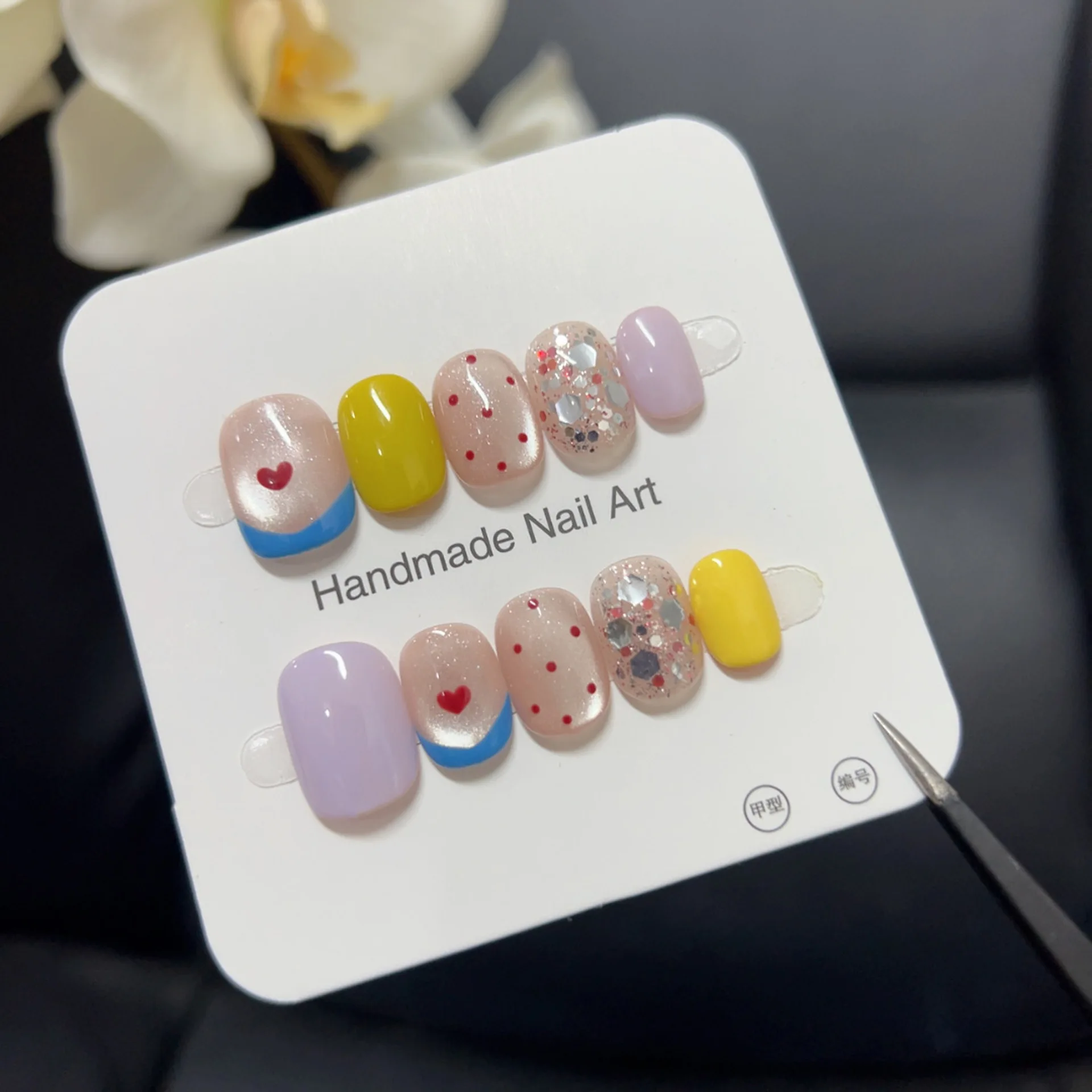 

10pcs Handmade French Short Press On Nails Shiny Cat Eye Polka Dot Sequin Design Fake Nails Wearable Nails Art Tips for Girls