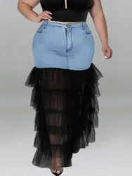 LW Plus Size dresses Denim Skirt Lace Patchwork Layered Cascading See-through Denim Skirt Autumn casual sexy women's skirt