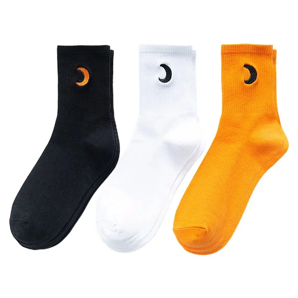 

3Pairs Embroidery Moon Cotton Socks Simple Design Breathable Comfortable Women Socks for Daily Sports Casual Wear