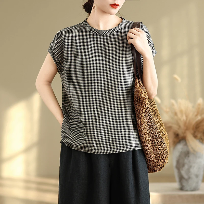 

Retro Cotton Linen Svel Thin Summer irt Women's T-irt Large Size Loose Cheered Top Commute Sle round Ne