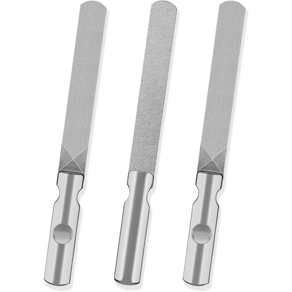 3 Pack Round Tip Stainless Steel Nail File, 4.76 inches Length, 0.43 inches Width, Dual Grit Surfaces for Versatile Use.