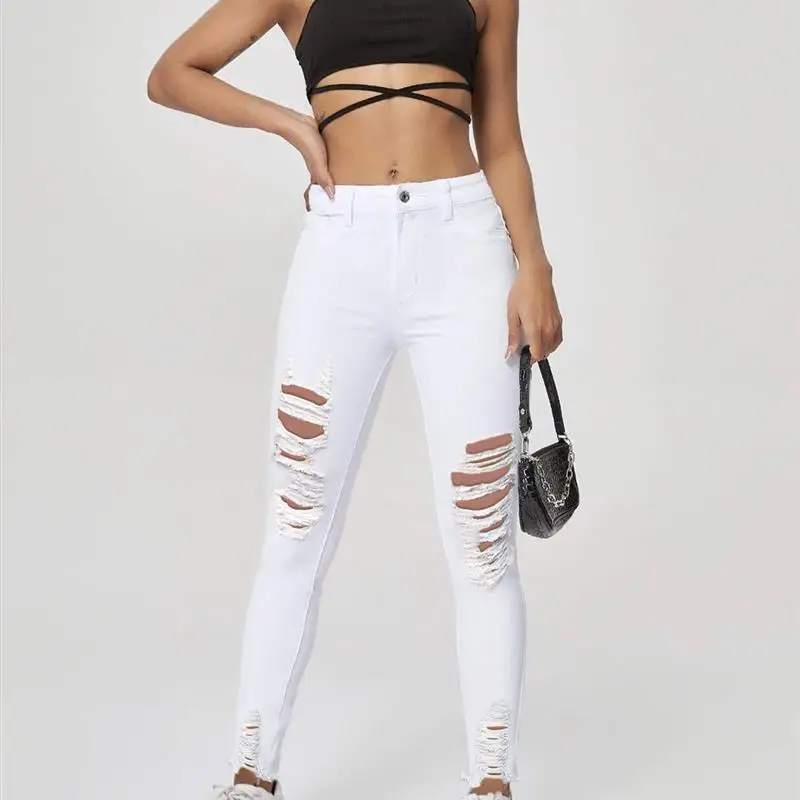 Spring Summer New Style Women's Jeans M605wish Cross-Border Micro-Elastic Tear Hole Stretchy Slim Fit Pants Long Trousers