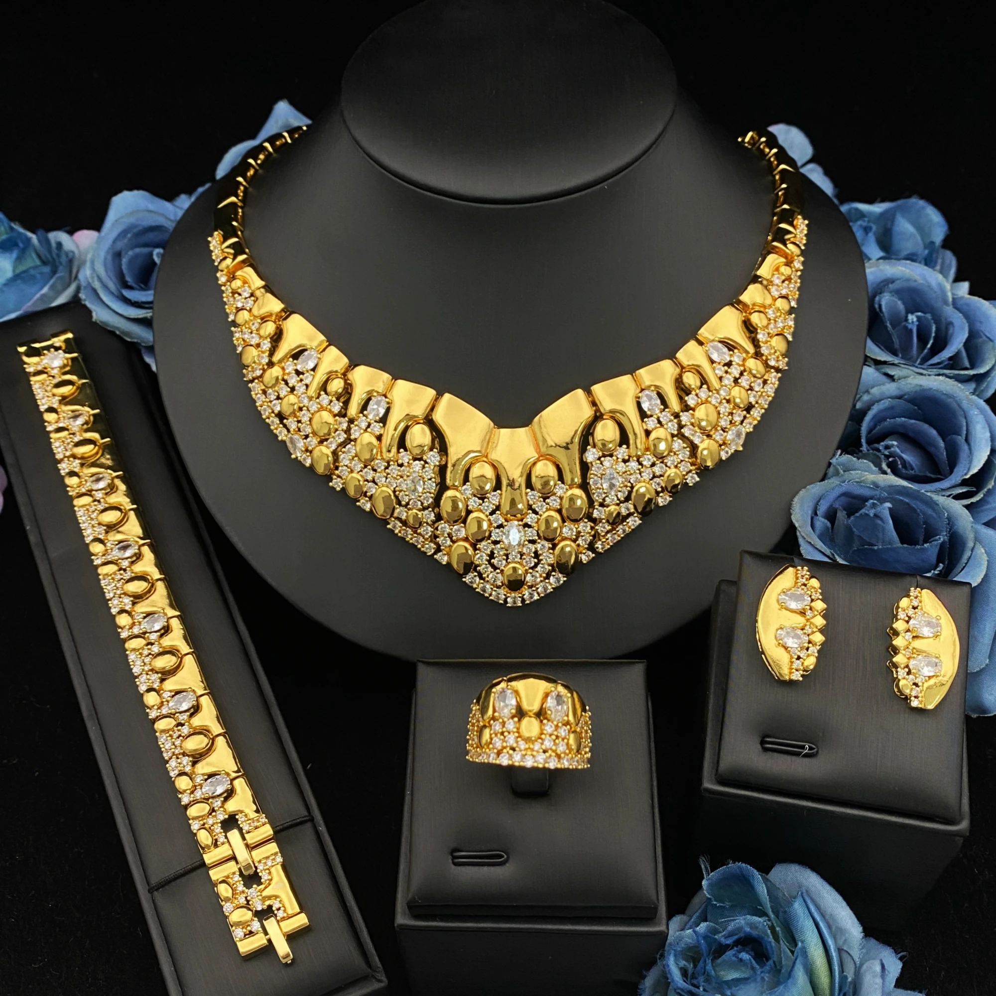 

JRH Fine Set Gold Plated Geometric Zircon Luxury 4Pc Premium Set Ring Necklace Earrings Bracelet for Anniversaries