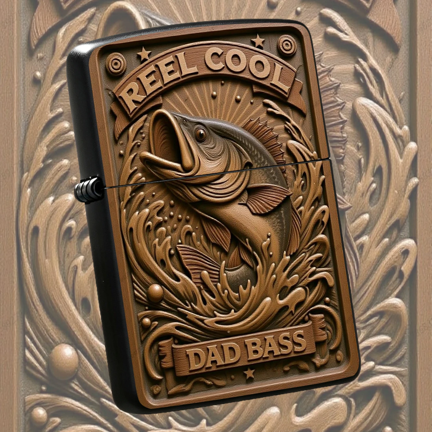 Creative Carved Wood Style Leaping Bass Lighter Reel Cool Dad Bass Themed Portable Accessory Ideal For Fishing Enthusiasts Father'S Day Gift Daily Use Stylish Practical Item For Multiple Scenarios A Humorous And Interesting Lighter