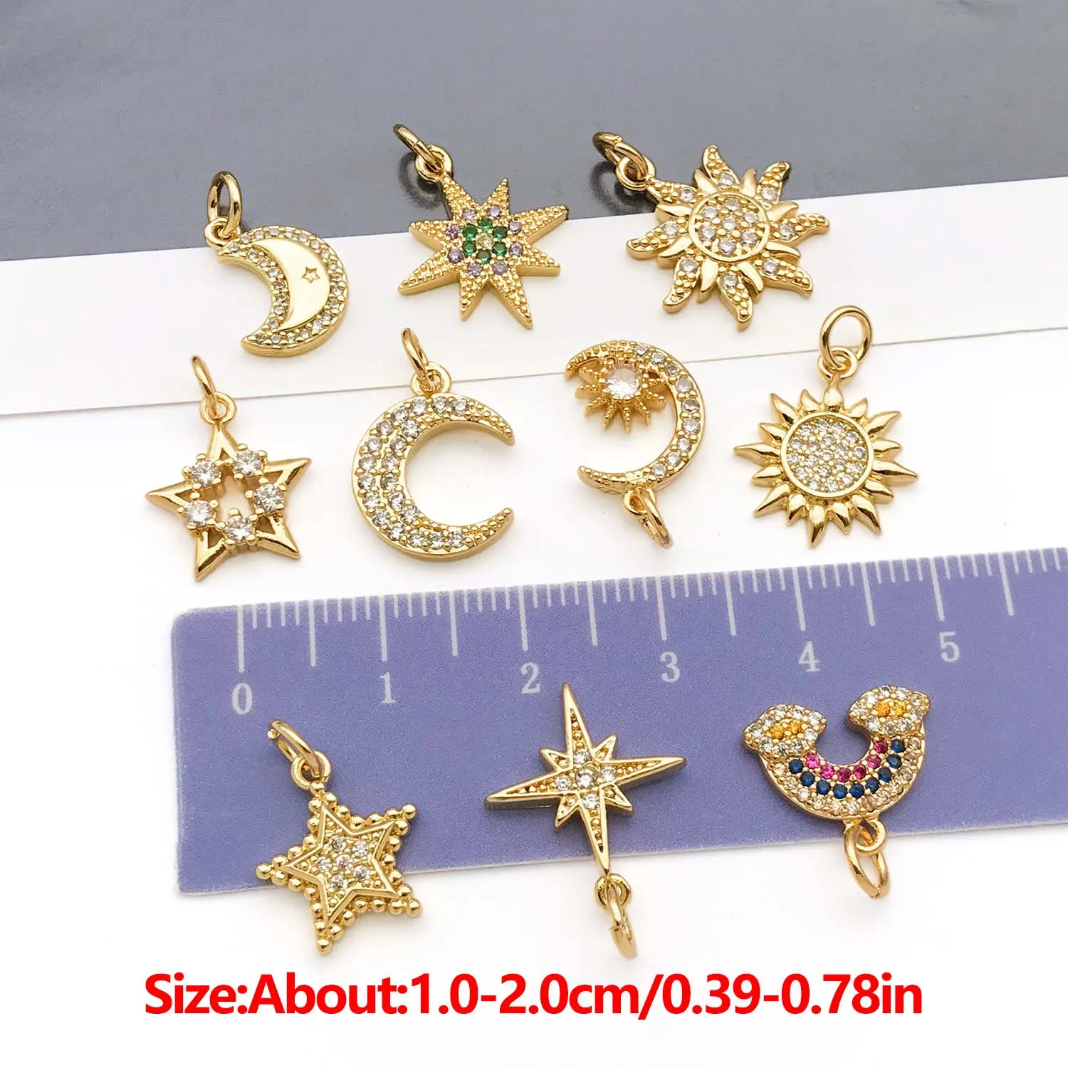 1pc 18K Real Gold Plated Brass Sun, Moon, Stars Charms With Zircon Pendants for DIY Bracelets Necklaces Jewelry Making Accessory