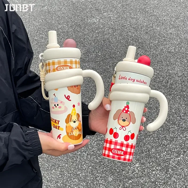 

Cute Vacuum Thermos Bottle Double Wall Insulated Straw Tumbler Leakproof Tumbler with Handle Thermos for Car Camping Drinkware