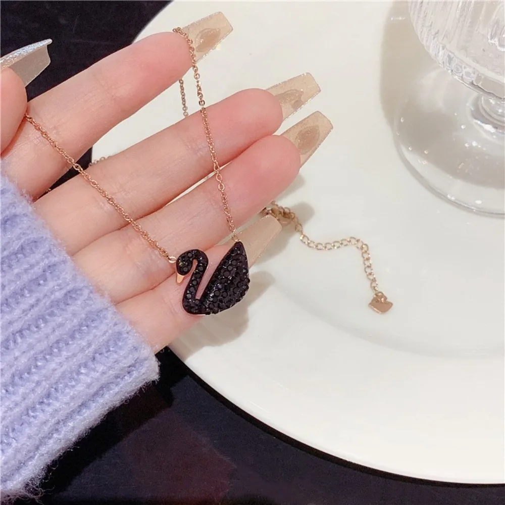 

Classic Swan Pendant Necklace, Black White Red Full Paved Cubic Zirconia Gold Plated Dainty Choker Necklace For Women