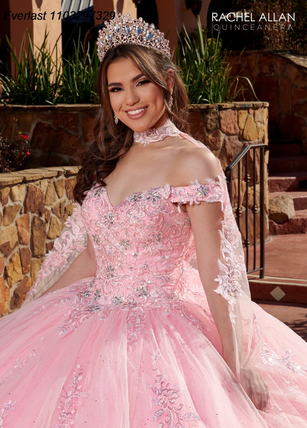 EVLAST Shiny Pink Quinceanera Dress Ball Gown Lace Applique perline cristalli con Cape corsetto Sweet 16 Vestido De 15 Anos TQD466