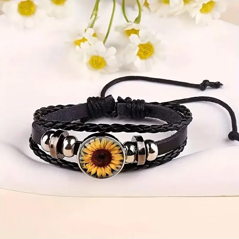 Vintage Sunflower Leather Bracelet Adjustable Flower Glass Snap Button Bracelets For Women Men