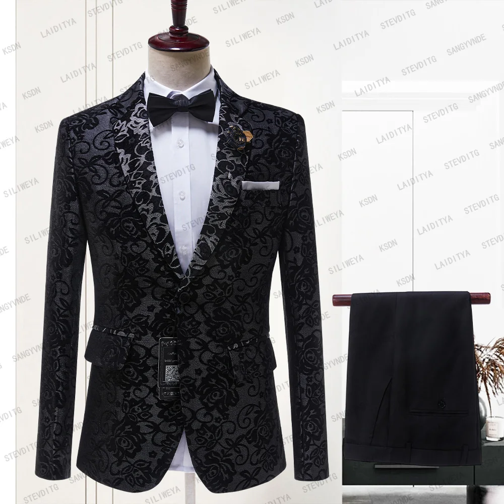 

2023 Latest Black Jacquard Floral Coat Design Men Suits Tailor-Made Tuxedo 2 Pieces Blazer Wedding Party Groom Costume Homme