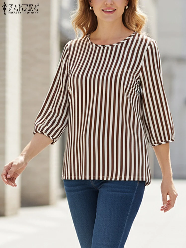 Stylowa bluzka damska ZANZEA 2026 wiosna-lato, koszula w paski, codzienna bluzka z okrągłym dekoltem, rękaw 3/4, bluzki damskie, luźna koszula do pracy w stylu OL.