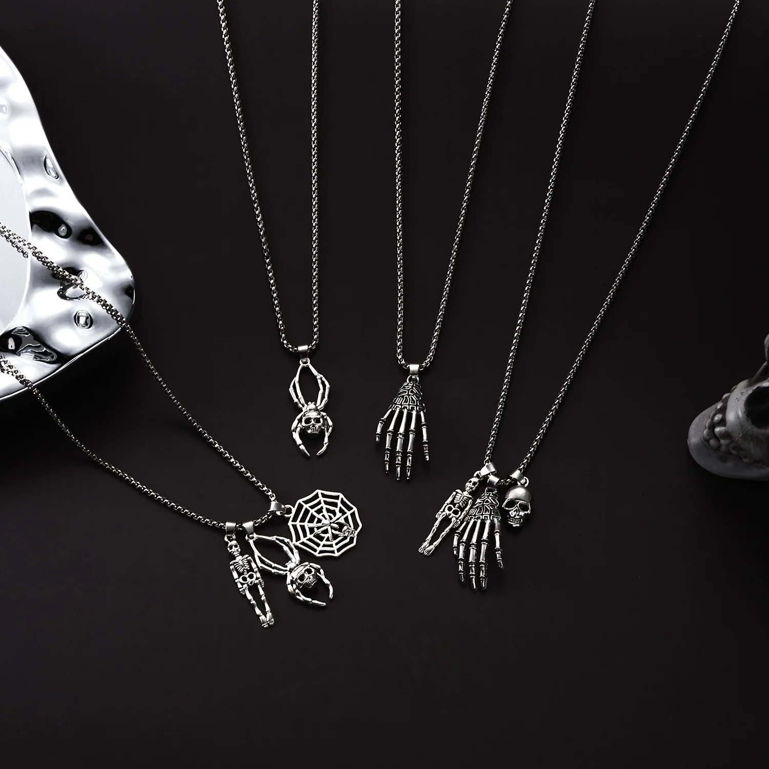 Vintage Punk Skeleton Anhänger Halskette Für Frauen Männer Silber Farbe Spinne Web Schädel Hand Klaue Knochen Hals Kette Halloween Schmuck