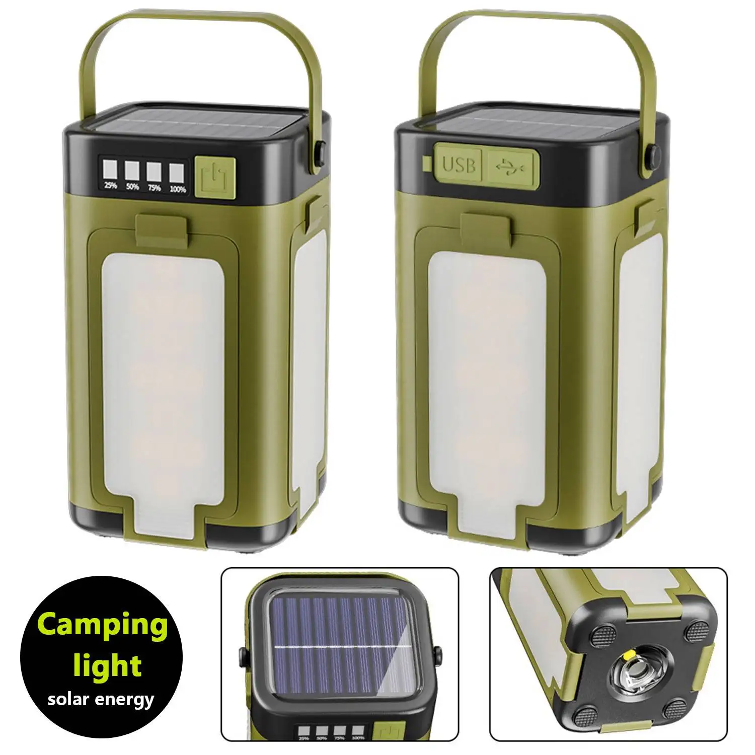 Portable Outdoor Solar Camping Light 6 Modes Built-in 18650 Battery Rechargeable Flashlight With Power Bank Hanging Tent Lamp