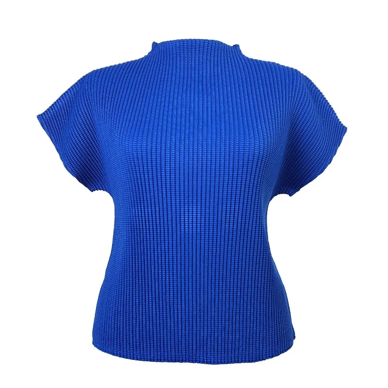 Women's Pleated T-Shirt 2026 New 3D Corn Grain Pleats Half High Neck Solid Color Tight Elastic Wrinkle-Free Top Elegant Clothing