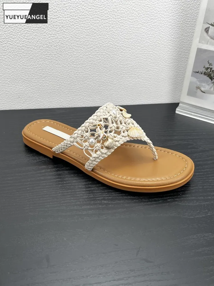 

Elegant Women Summer New Weave Hollow Out Design Shoes PU Leather Peep Toe Slippers Fashion Ladies Breathable Casual Flat Slides