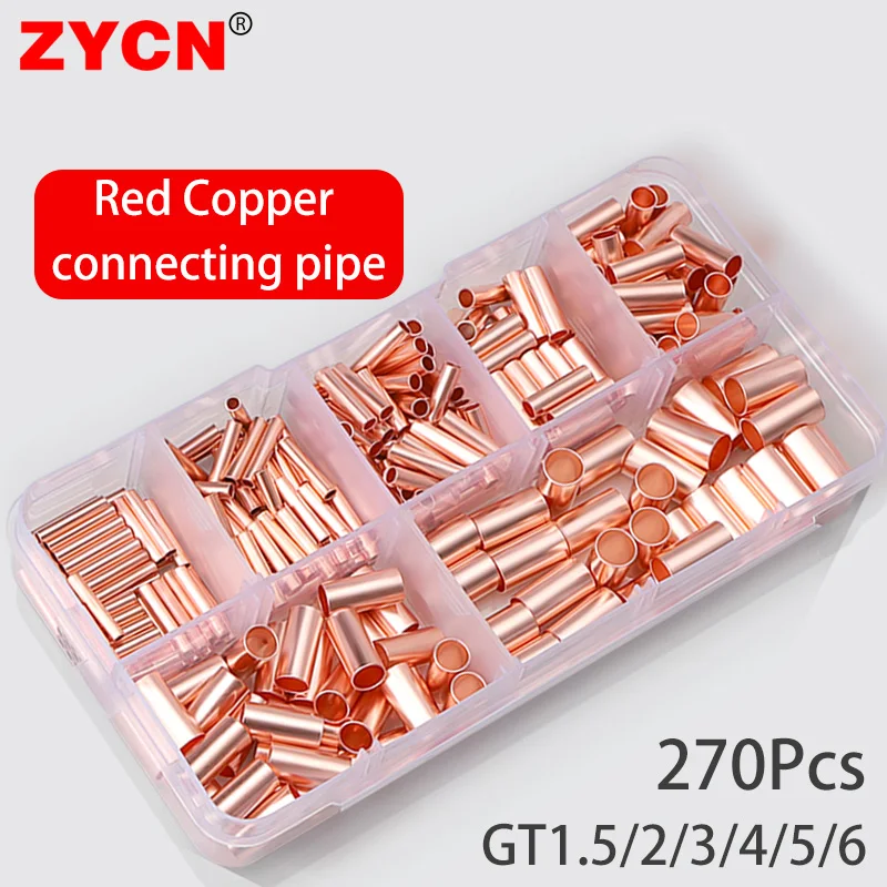 270Pcs GT Red Copper Connection Pipe Joint Wire Ferrules Kit 7 Size Crimp Non Insulated Electrical Butt Terminal PZ0.5-16 Pliers