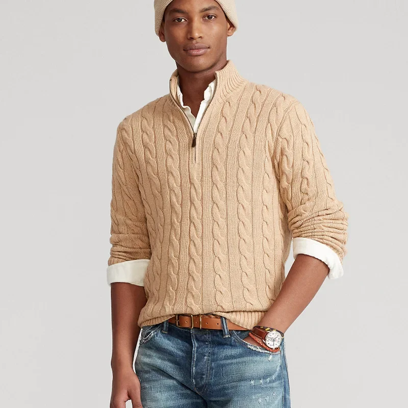 Otoño Invierno nuevos hombres suéter hombres cuello medio cremallera algodón 100% tejido grueso Color sólido ropa de calle alta