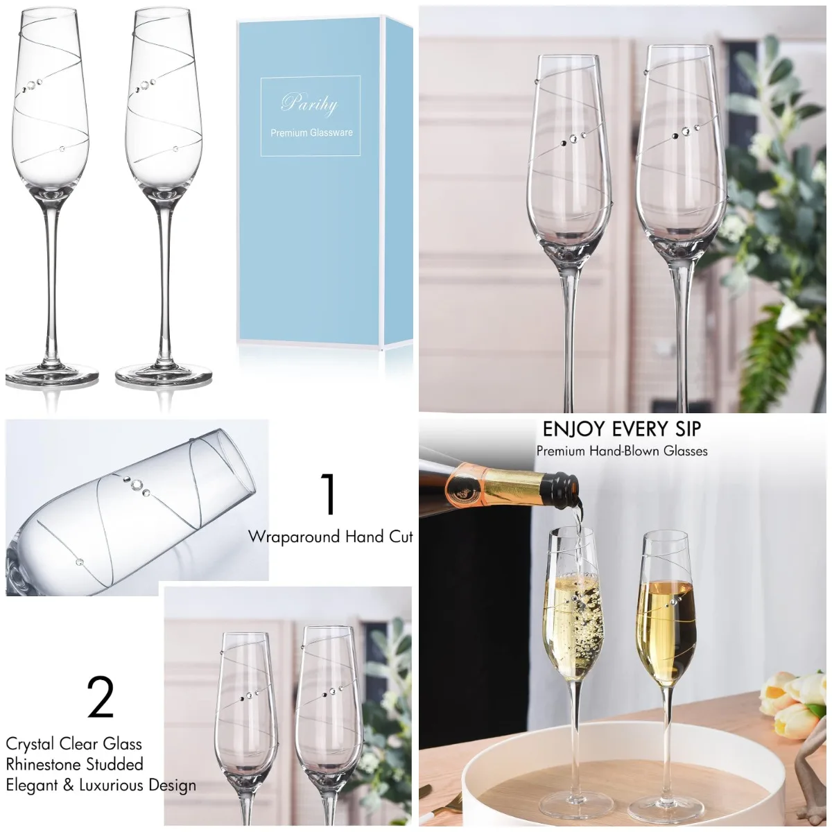 

Champagne Flutes Set of 2, Wedding Toasting Glasses with Crystal Embellished Wraparound Design