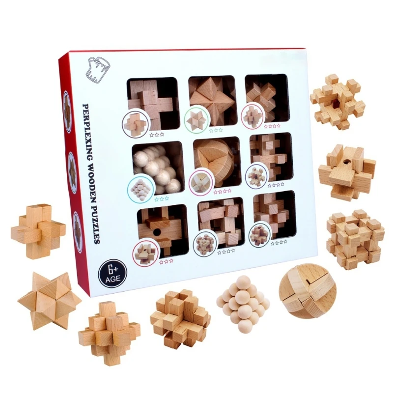 9Pcs Wooden Brains Teasers Puzzle Removing Assembling Toy for Party Decoration