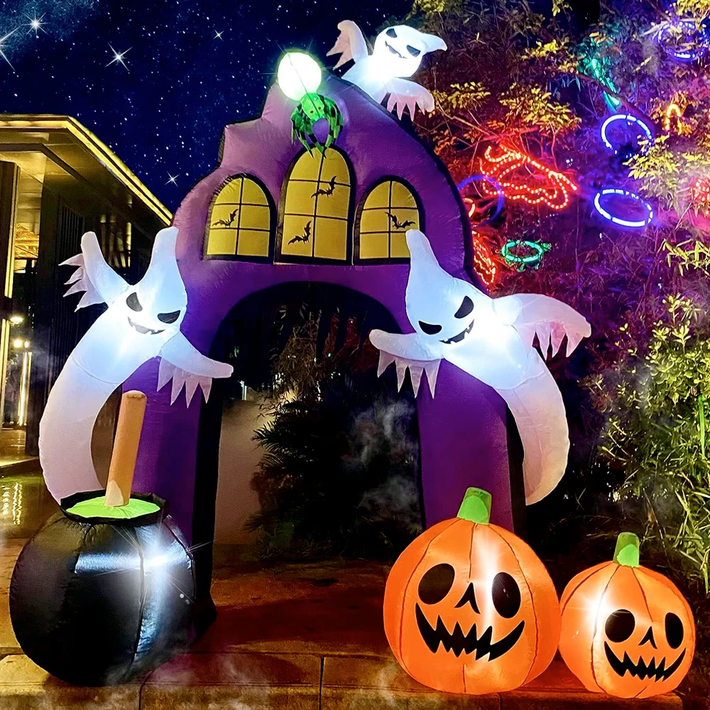 

9FT Halloween Decoration Inflatable Castle Archway Blow Up Spider Ghosts Pumpkins Cauldron Built-in Lights for Outdoor Yard Lawn