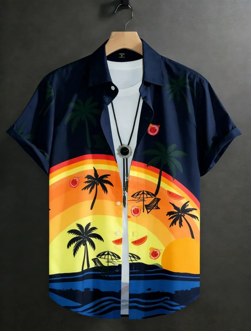 

Street Tropic Sunset Palm Print Short Sleeve Shirt Edgy Bold Casual Outfit Wear For Summer Vacation And Beach Looks