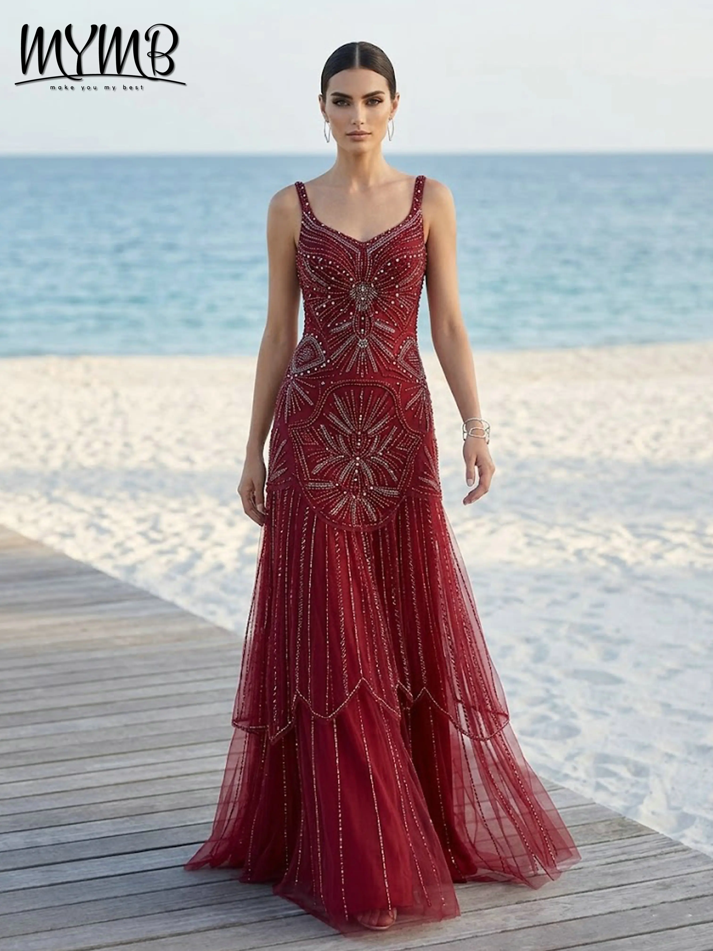 

MYMB Luxury Burgundy Beaded Evening Dress Elegant Sleeveless Tulle Long Prom Gown Art Deco Formal Party Dresses Vestidos MC20148