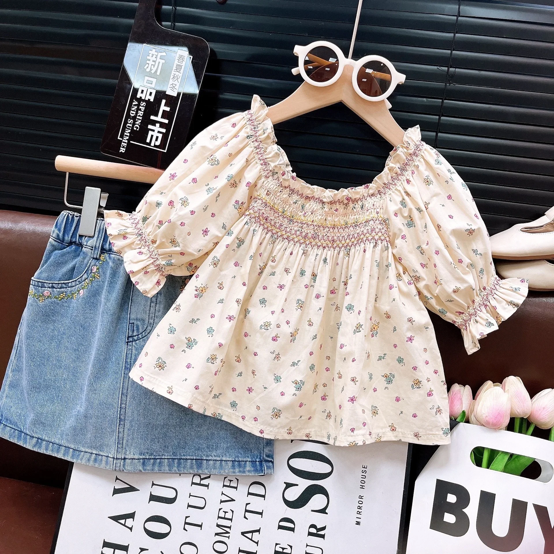 مجموعات ملابس الأطفال زهرة مطبوعة الأكمام بلوزات + زهرة مطرزة تنورة 2 قطعة مجموعات طفلة الزي مجموعة ملابس طفلة