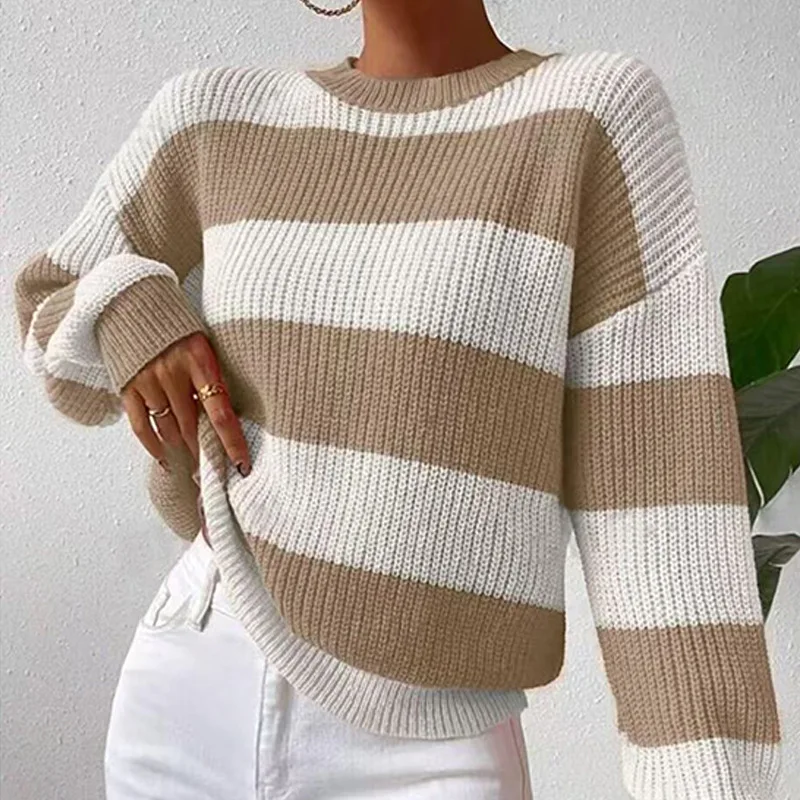 

Women's Striped Loose Long Pullover Sweater Comfortable Slouchy Knitwear Bright Tead Coolmax Fiber Winter Faion Ladies' Top