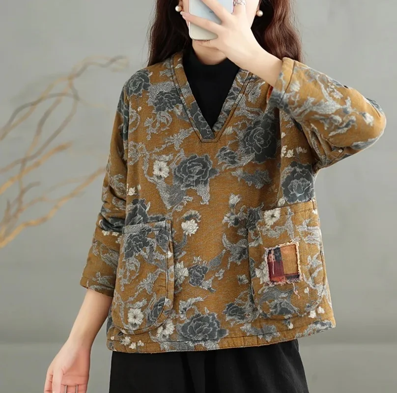Vintage Quilted Jacket Women Cotton Linen Floral V-Neck Autumn And Winter Loose Versatile Reversible Pullover Top w1621