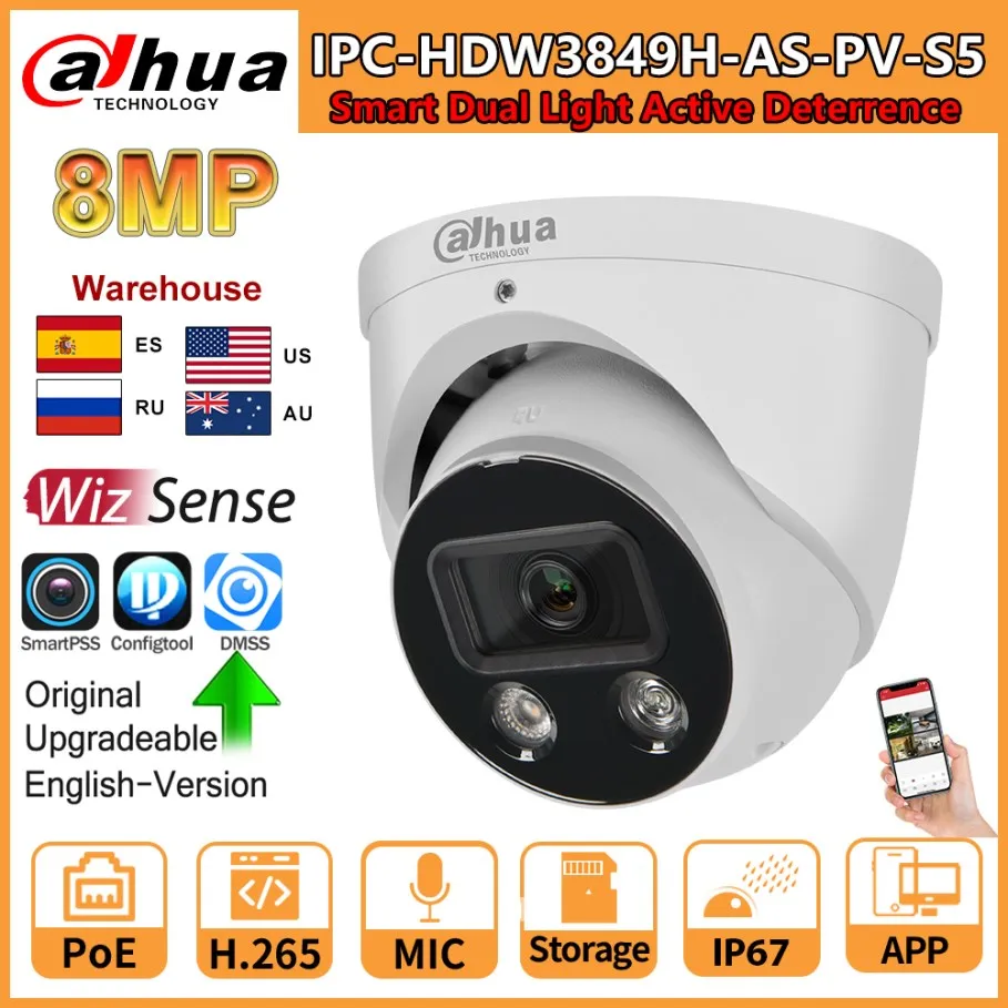 Dahua 8MP Camera IPC-HDW3849H-AS-PV S5 Series Smart Dual Light Active Deterrence Fixed-focal WizSense Two-way Talk SD Card Slot