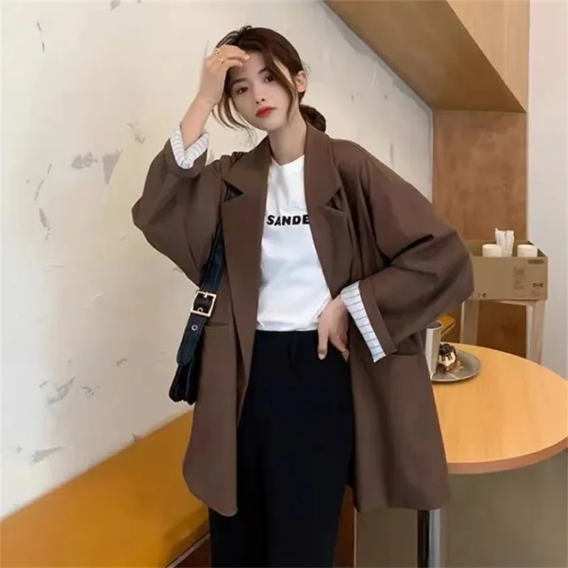 Autumn Women Solid Color Leisure Suit Coat Korean New Female Mid Length Version Blazer Jacket Ladies New Loose Fitting Tops Coat