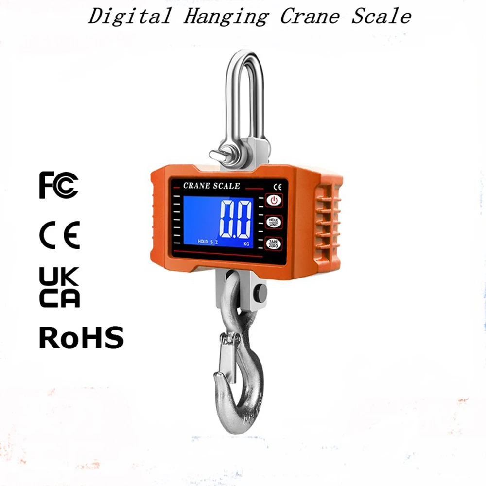 1500KG Digital Hanging Scale 1000kg Portable Heavy Duty Crane Scales LCD Backlight 3306lbs Steel Industrial Lock Hook Weigher