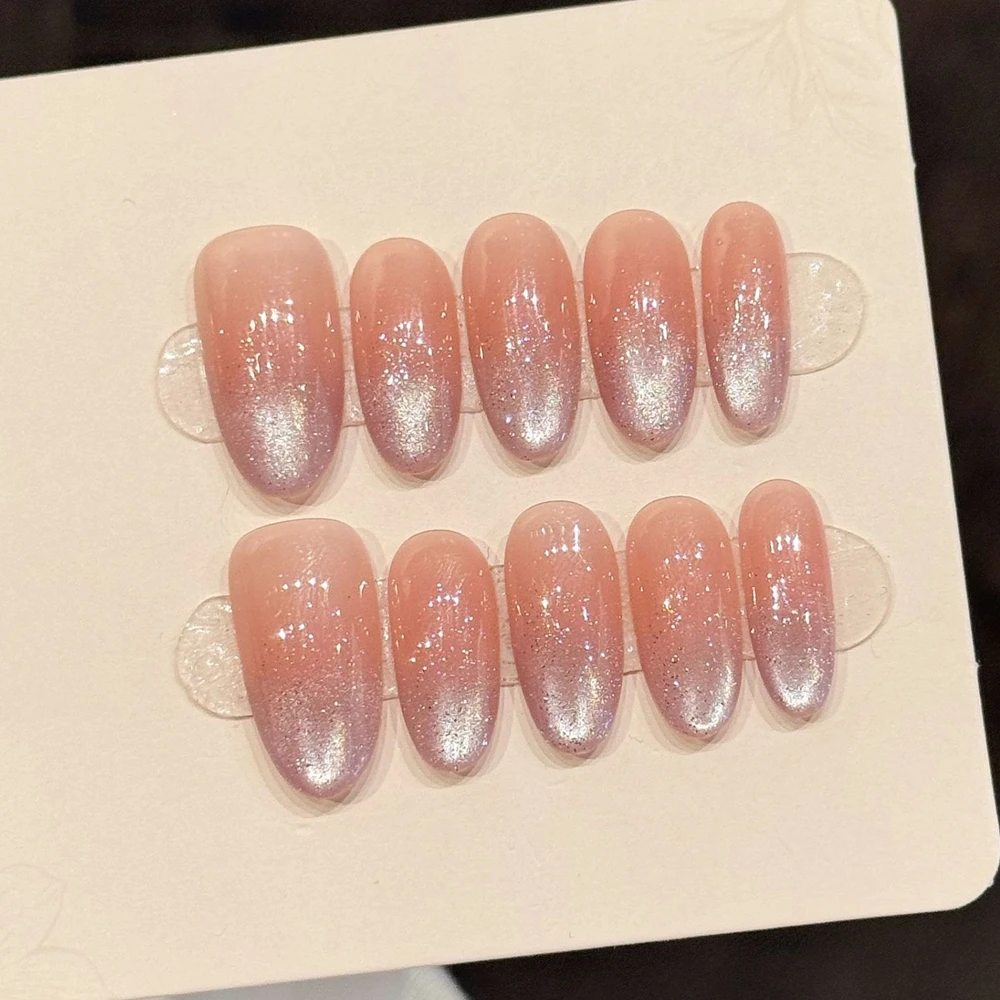 Handmade Luxury Nails Set Press on Nude Gradient Medium-length Cat Eye Reusable Adhesive False Nails Full Cover Nail Tips