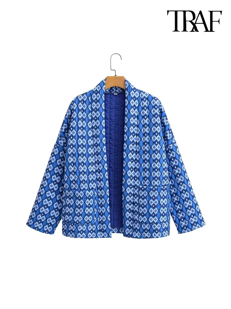 TRAF Women Fashion Quilted Retro Ethnic Style Printed Jacket Fall and Winter Casual Warm Jacket Loose Pocket Long Sleeve Jacket