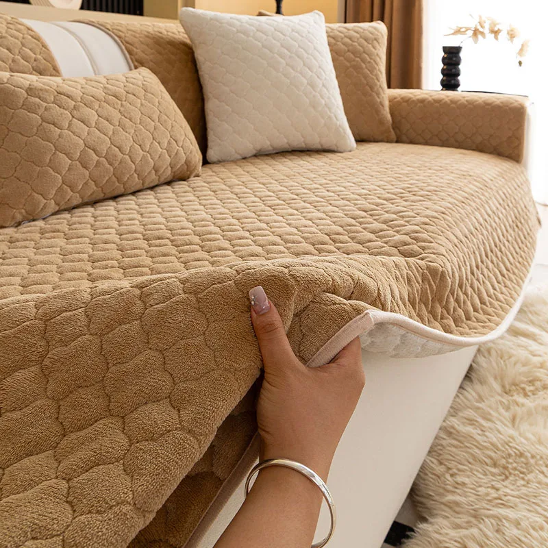 Solid Thick Milk Velvet Plaid Sofa Cushion Autumn and Winter Plush Non-Slip Sofa Cover French Soft Anti-Scratch Home Decor
